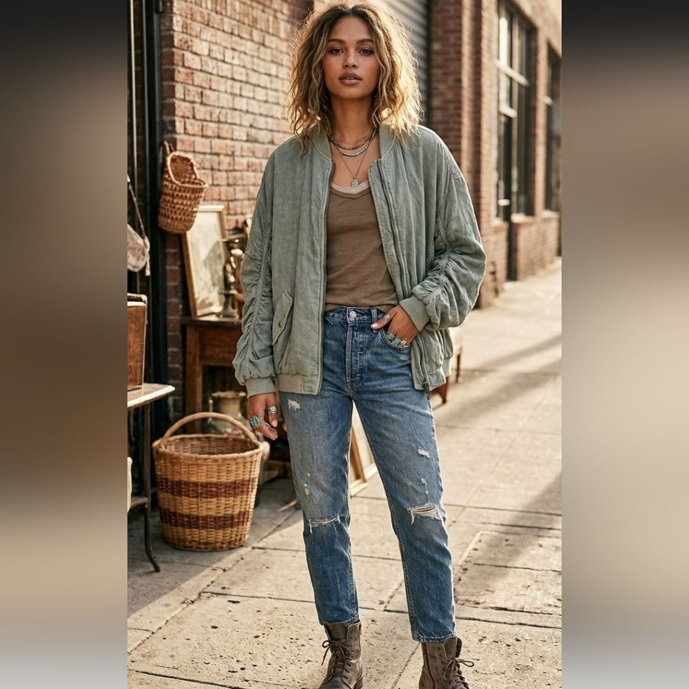 Free People Oversized Olive Green Bomber Jacket With Ruched Sleeves